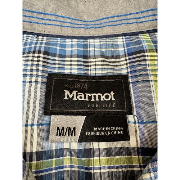 Marmot Plaid Short Sleeve Button Up Shirt Men’s M Blue Green Outdoor Hiking Work - Picture 2 of 14